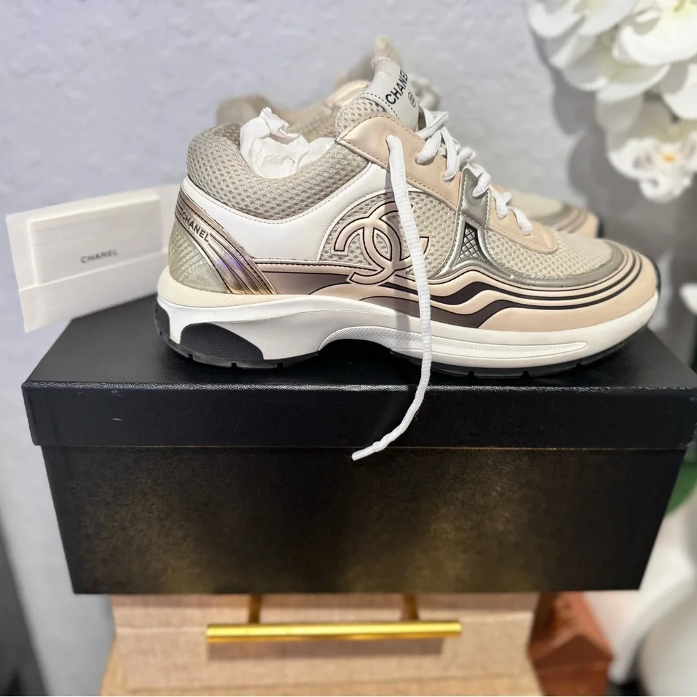 CHANEL Cream White Beige Mesh Logo Sneakers